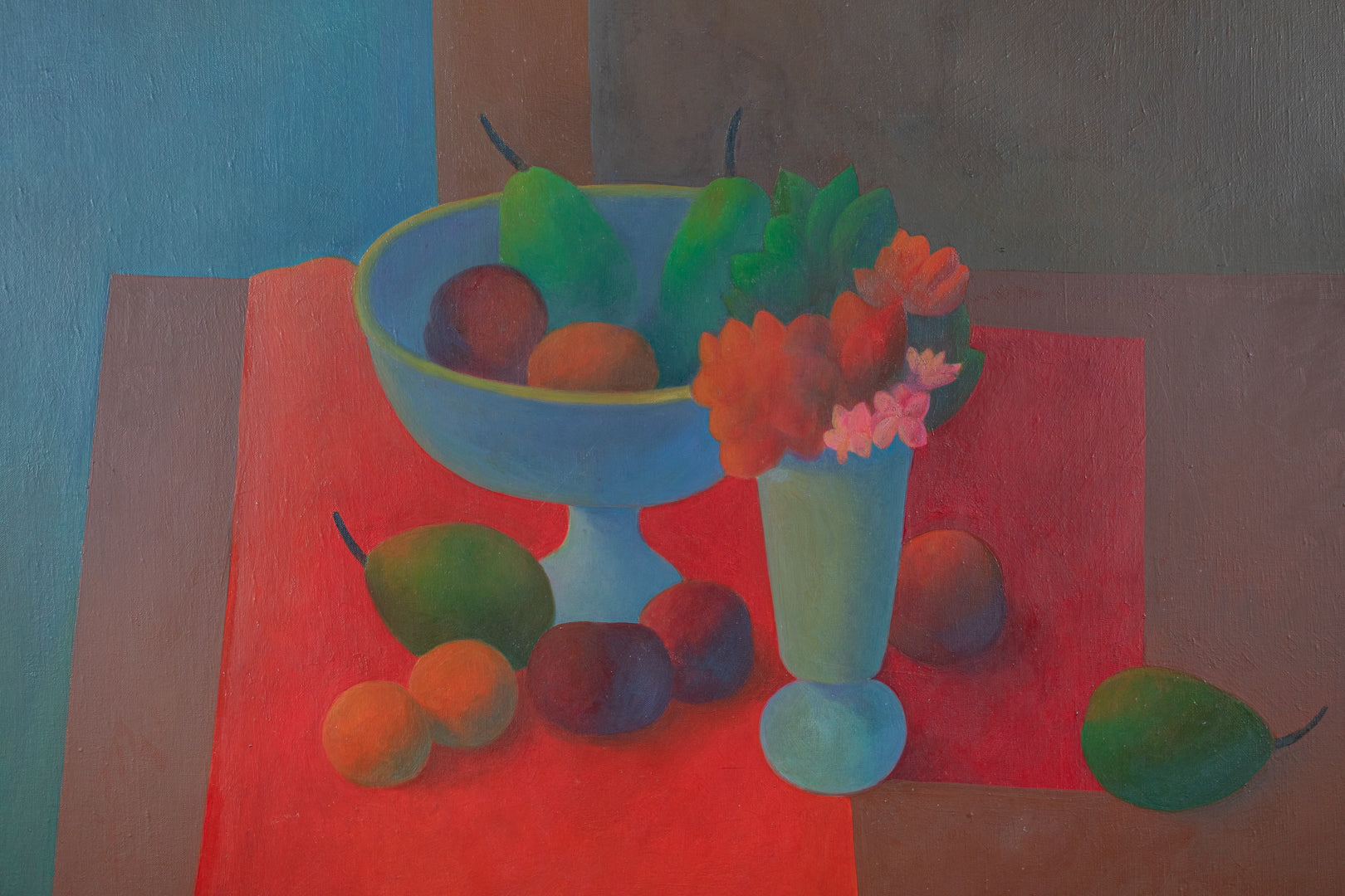 alt="Close-up detail of Madobe no Seibutsu (Still Life by the Window) painting showing the vase with flowers and fruits on a vivid tablecloth by Kojiro Kosugi in Nihonga style"
