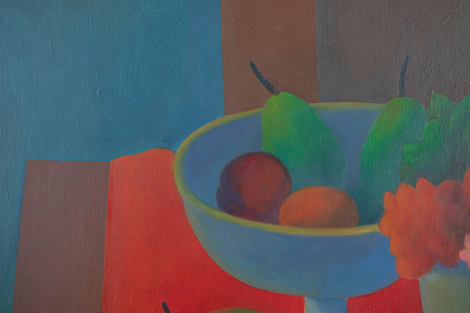 alt="Close-up detail of Madobe no Seibutsu (Still Life by the Window) painting showing the vase with flowers and fruits on a vivid tablecloth by Kojiro Kosugi in Nihonga style"
