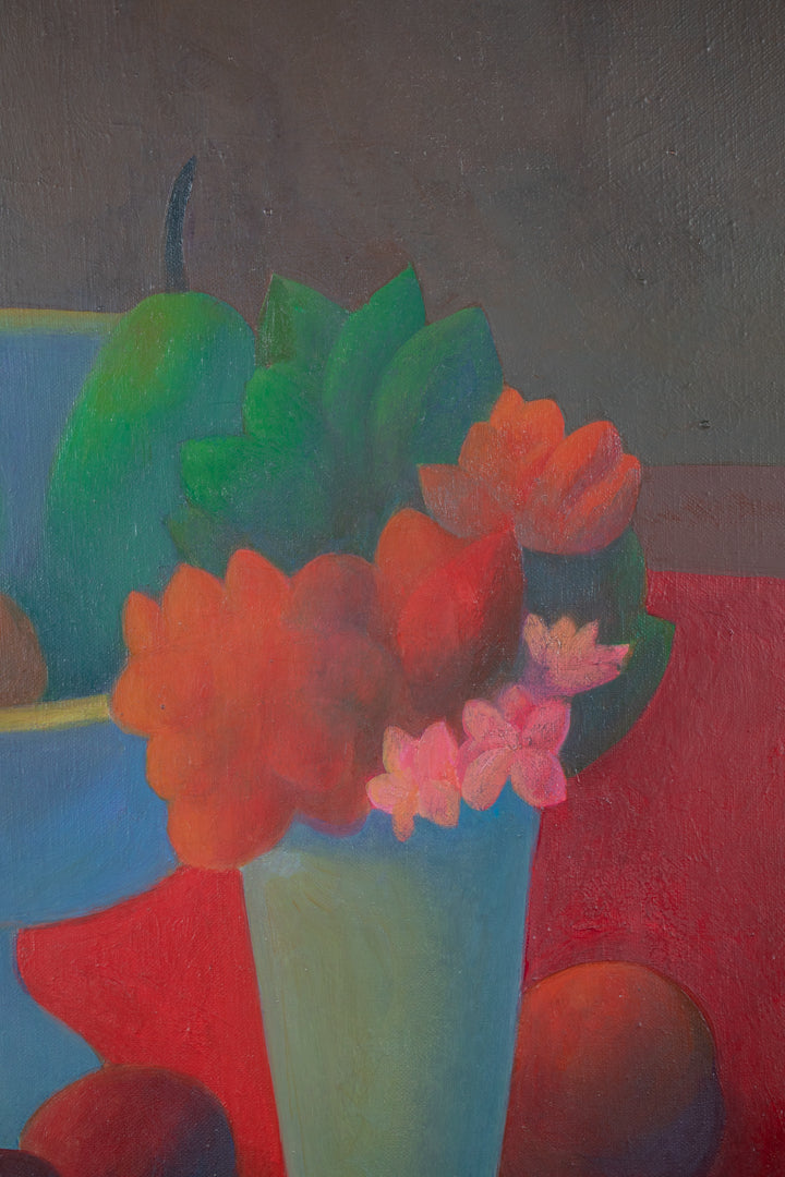 alt="Close-up detail of Madobe no Seibutsu (Still Life by the Window) painting showing the vase with flowers and fruits on a vivid tablecloth by Kojiro Kosugi in Nihonga style"
