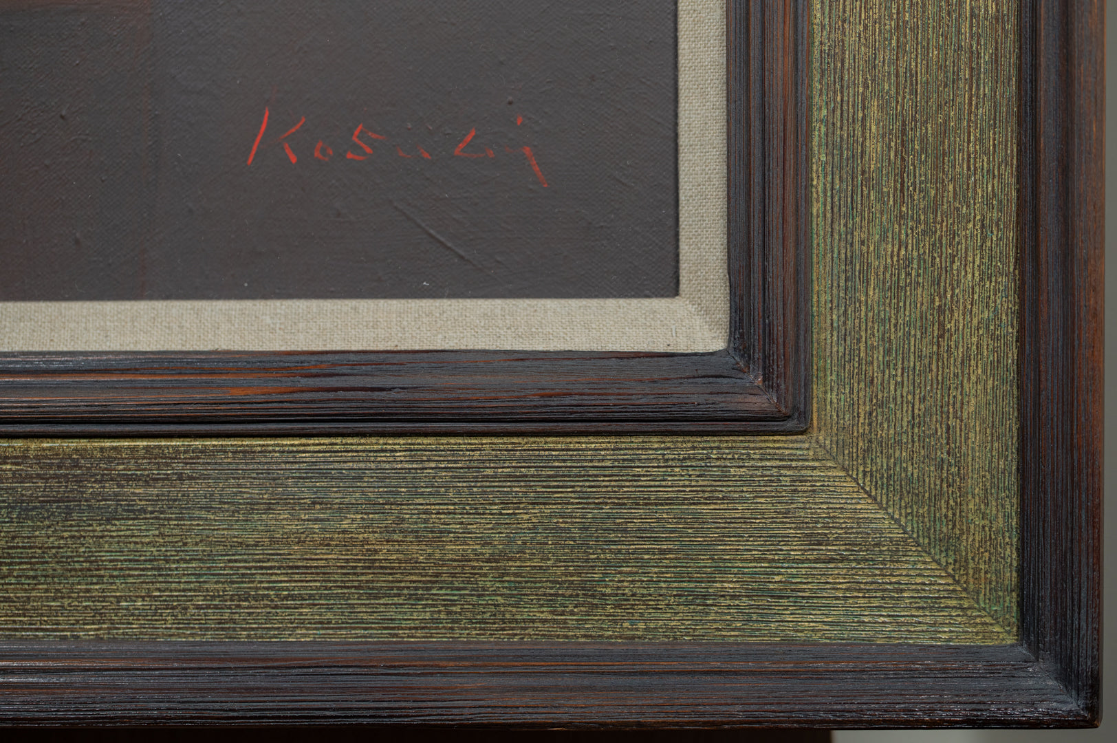 alt="Close-up detail of Madobe no Seibutsu (Still Life by the Window) painting showing the vase with flowers and fruits on a vivid tablecloth by Kojiro Kosugi in Nihonga style"
