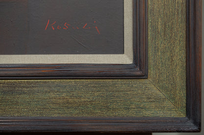 alt="Close-up detail of Madobe no Seibutsu (Still Life by the Window) painting showing the vase with flowers and fruits on a vivid tablecloth by Kojiro Kosugi in Nihonga style"
