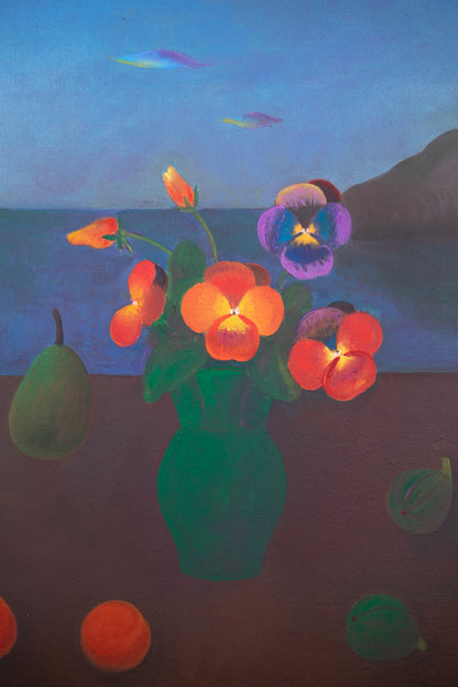 alt="Close-up detail of Umibe no Sanshoku Sumire (Pansies by the Seaside) painting showing pansies, fruits, and sea background by Kojiro Kosugi in Nihonga style"
