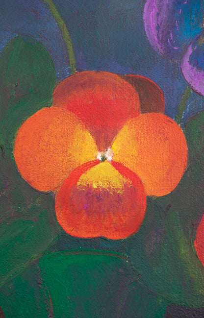 alt="Close-up detail of Umibe no Sanshoku Sumire (Pansies by the Seaside) painting showing pansies, fruits, and sea background by Kojiro Kosugi in Nihonga style"
