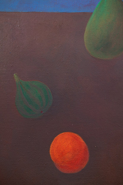 alt="Close-up detail of Umibe no Sanshoku Sumire (Pansies by the Seaside) painting showing pansies, fruits, and sea background by Kojiro Kosugi in Nihonga style"
