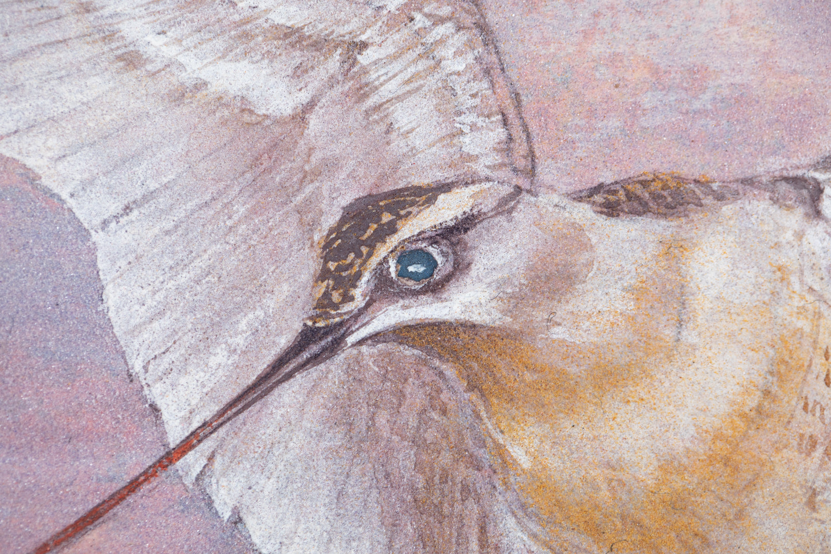 alt="Close-up detail of Akaneiro no Toki (Madder-Red Sky) painting showing the snipe in flight and gradation of evening sky by Yoshiyuki Nakano in Nihonga style"
