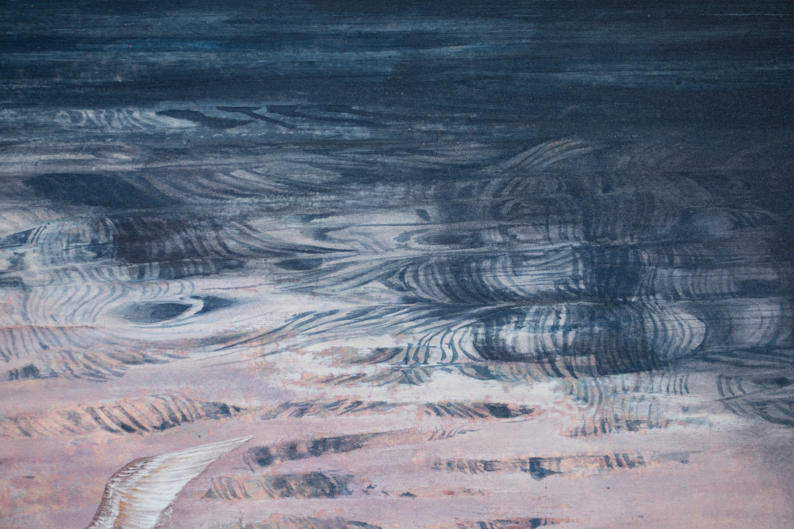 alt="Close-up detail of Akaneiro no Toki (Madder-Red Sky) painting showing the snipe in flight and gradation of evening sky by Yoshiyuki Nakano in Nihonga style"
