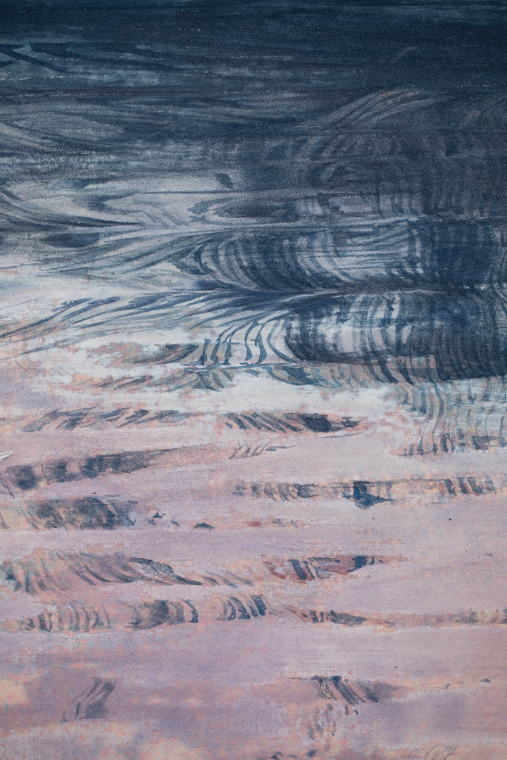 alt="Close-up detail of Akaneiro no Toki (Madder-Red Sky) painting showing the snipe in flight and gradation of evening sky by Yoshiyuki Nakano in Nihonga style"
