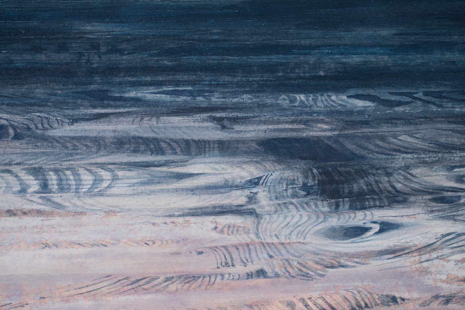 alt="Close-up detail of Akaneiro no Toki (Madder-Red Sky) painting showing the snipe in flight and gradation of evening sky by Yoshiyuki Nakano in Nihonga style"
