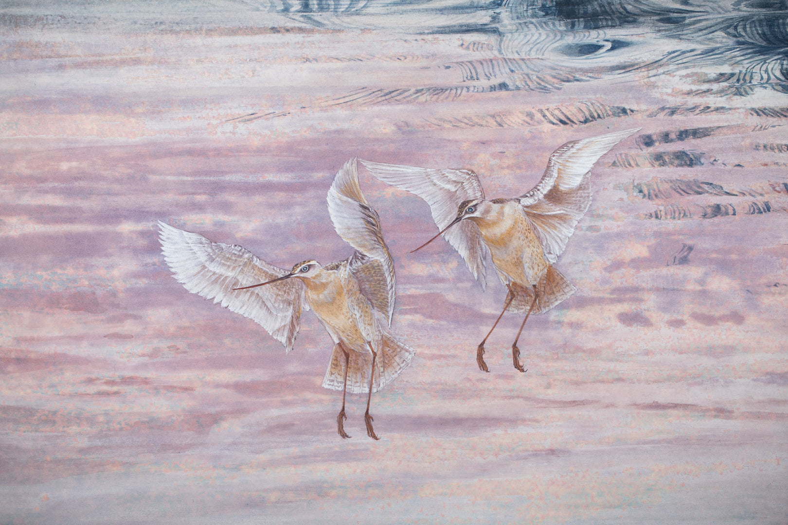 alt="Close-up detail of Akaneiro no Toki (Madder-Red Sky) painting showing the snipe in flight and gradation of evening sky by Yoshiyuki Nakano in Nihonga style"
