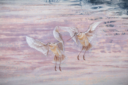 alt="Close-up detail of Akaneiro no Toki (Madder-Red Sky) painting showing the snipe in flight and gradation of evening sky by Yoshiyuki Nakano in Nihonga style"
