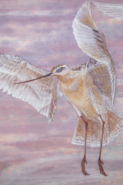 alt="Close-up detail of Akaneiro no Toki (Madder-Red Sky) painting showing the snipe in flight and gradation of evening sky by Yoshiyuki Nakano in Nihonga style"
