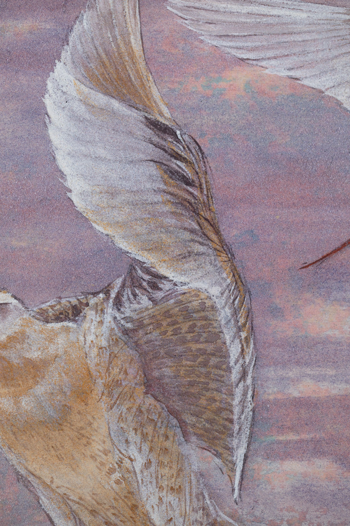 alt="Close-up detail of Akaneiro no Toki (Madder-Red Sky) painting showing the snipe in flight and gradation of evening sky by Yoshiyuki Nakano in Nihonga style"
