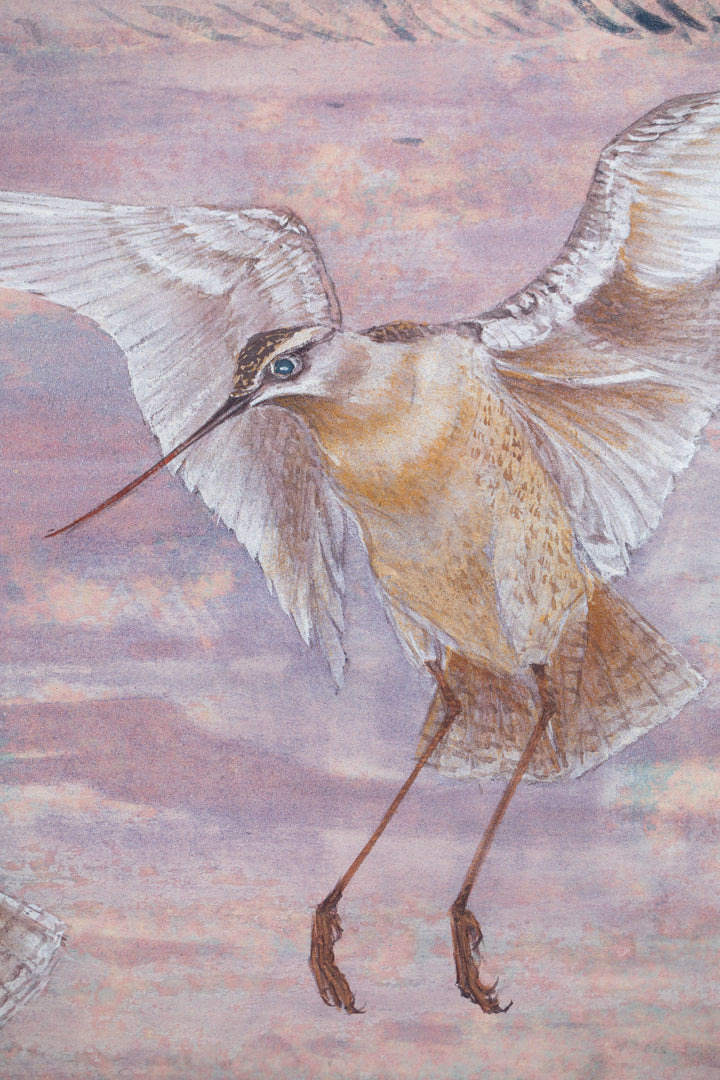alt="Close-up detail of Akaneiro no Toki (Madder-Red Sky) painting showing the snipe in flight and gradation of evening sky by Yoshiyuki Nakano in Nihonga style"
