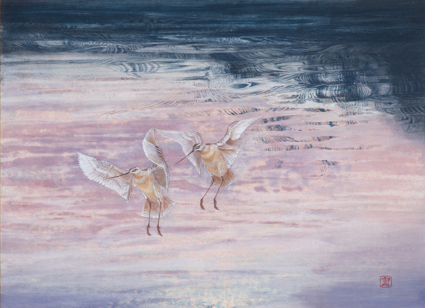 alt="Akaneiro no Toki (Madder-Red Sky) painting with two snipe flying across a madder-red evening sky by Yoshiyuki Nakano in Nihonga style"
