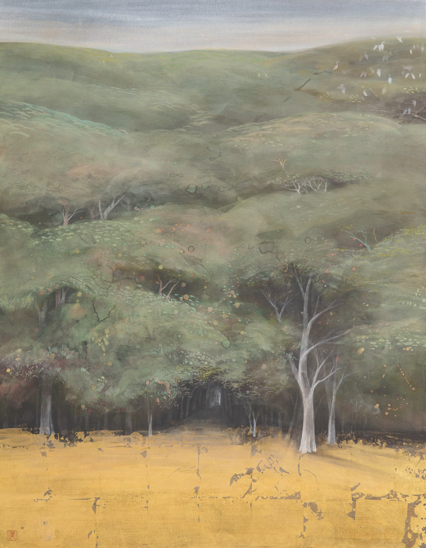 alt="Ikoi painting of a tranquil forest landscape with golden ground by Mika Okumura in Nihonga style"
