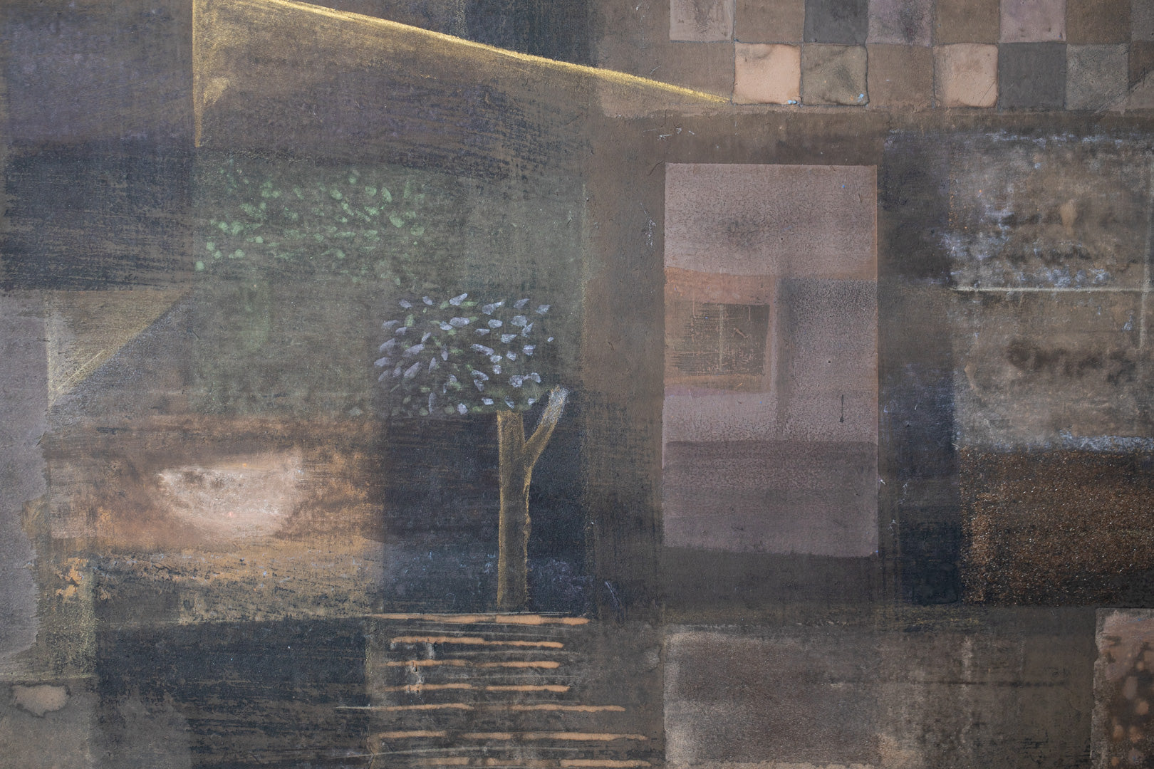 alt="Close-up detail of Yasoukyoku (Nocturne) painting showing the geometric townscape and moonlit sky by Mika Okumura in Nihonga style"
