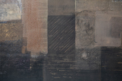 alt="Close-up detail of Yasoukyoku (Nocturne) painting showing the geometric townscape and moonlit sky by Mika Okumura in Nihonga style"

