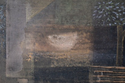 alt="Close-up detail of Yasoukyoku (Nocturne) painting showing the geometric townscape and moonlit sky by Mika Okumura in Nihonga style"
