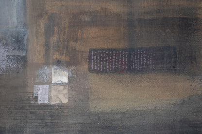 alt="Close-up detail of Yasoukyoku (Nocturne) painting showing the geometric townscape and moonlit sky by Mika Okumura in Nihonga style"
