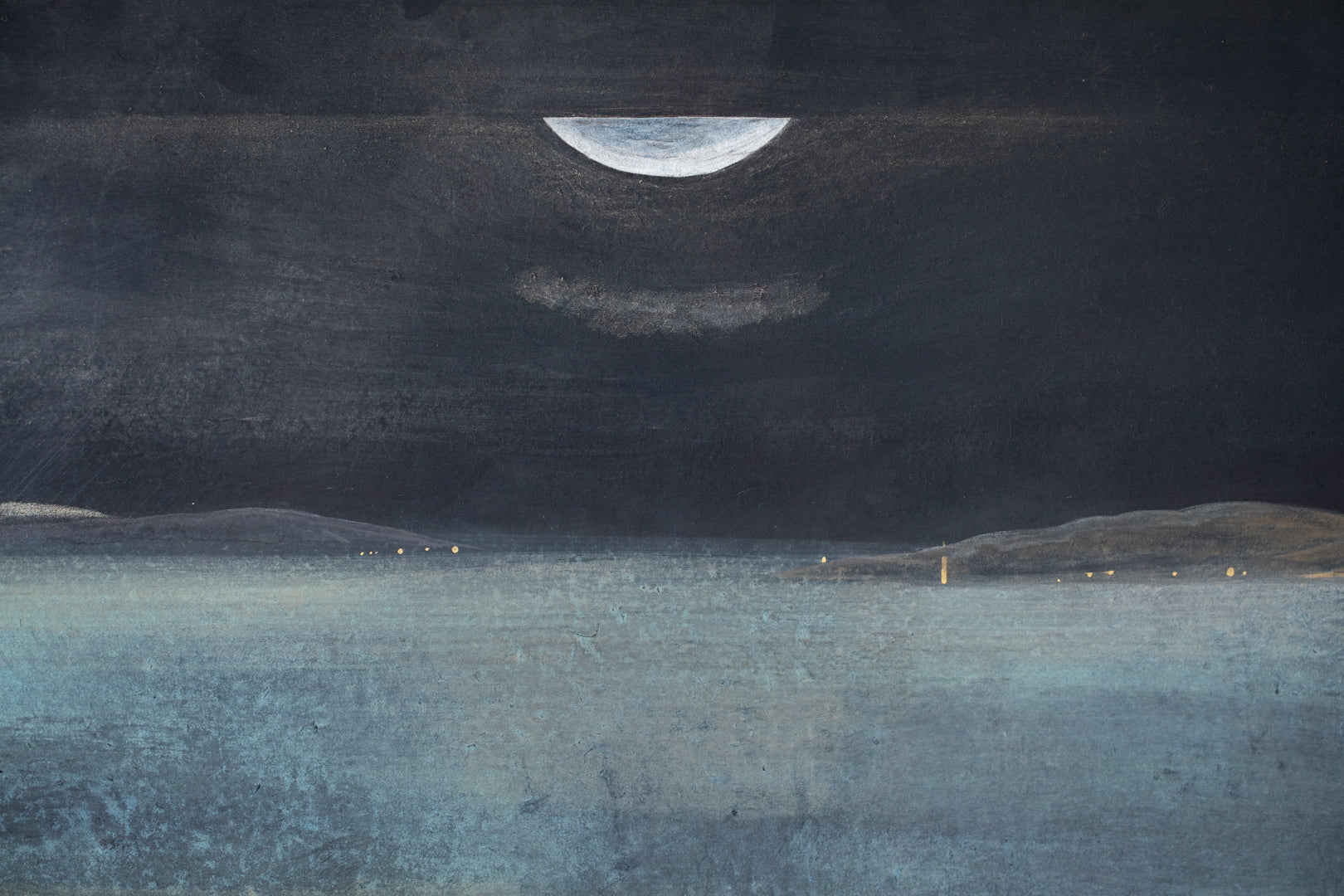 alt="Close-up detail of Yasoukyoku (Nocturne) painting showing the geometric townscape and moonlit sky by Mika Okumura in Nihonga style"
