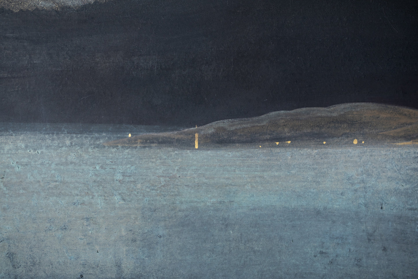 alt="Close-up detail of Yasoukyoku (Nocturne) painting showing the geometric townscape and moonlit sky by Mika Okumura in Nihonga style"
