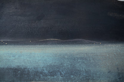alt="Close-up detail of Yasoukyoku (Nocturne) painting showing the geometric townscape and moonlit sky by Mika Okumura in Nihonga style"
