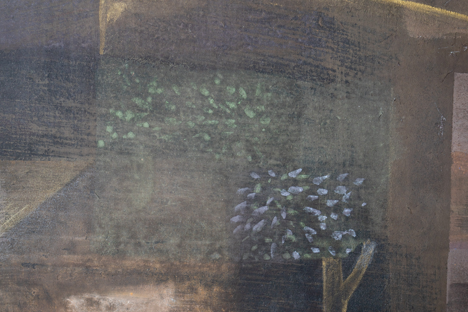 alt="Close-up detail of Yasoukyoku (Nocturne) painting showing the geometric townscape and moonlit sky by Mika Okumura in Nihonga style"
