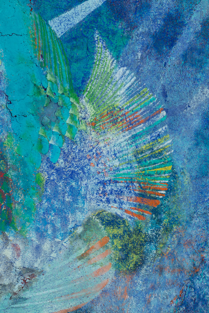 alt="Close-up detail of The Fish painting showing the multicolored scales and flowing forms by Tatsuoki Ichino in Nihonga style"
