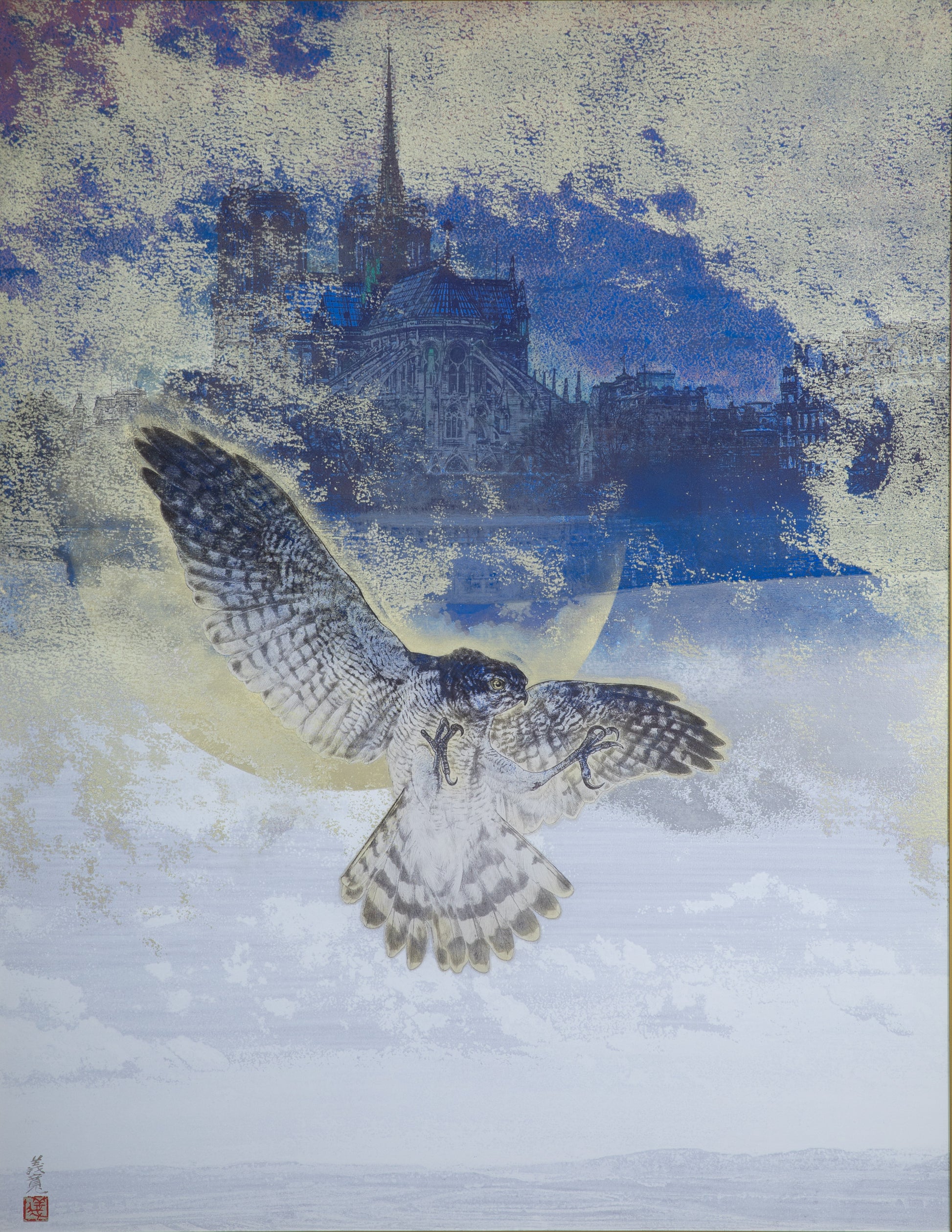 alt="Kakou painting with a hawk in flight and the Notre Dame Cathedral in the background by Yoshihiro Shimoda in Nihonga style"
