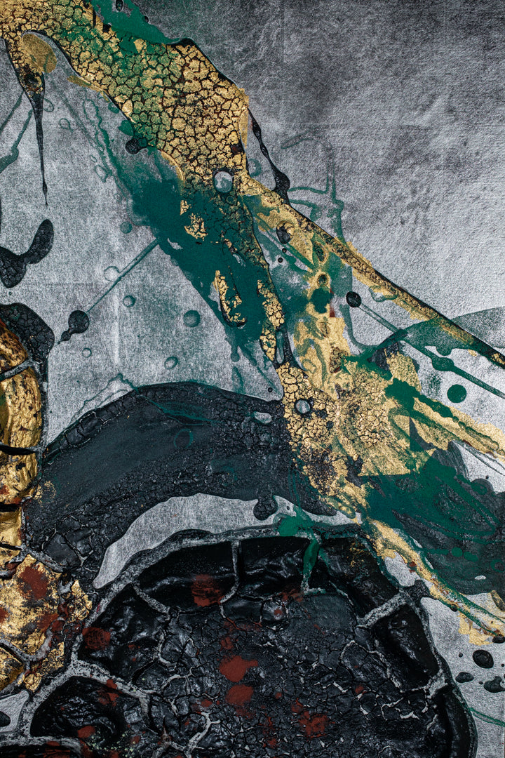 alt="Close-up detail of The Reclining Dragon Pine painting showing cracked ink texture and scattered malachite pigment by Takehiko Sugawara in Nihonga style"
