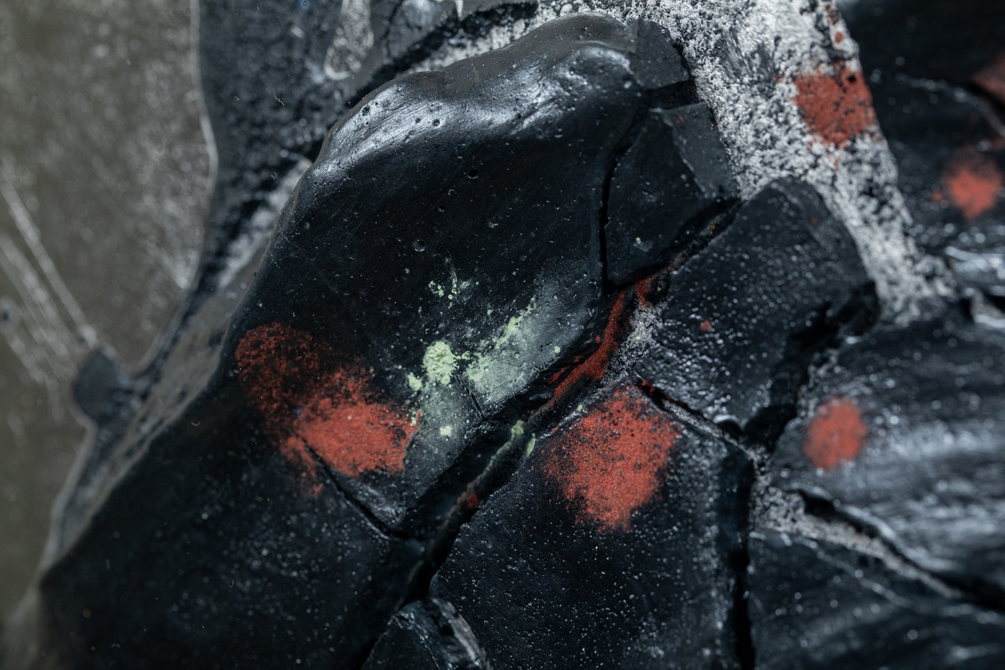 alt="Close-up detail of The Reclining Dragon Pine painting showing cracked ink texture and scattered malachite pigment by Takehiko Sugawara in Nihonga style"
