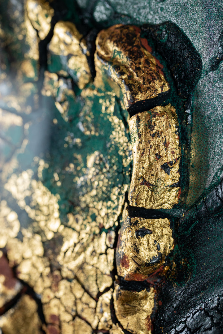 alt="Close-up detail of The Reclining Dragon Pine painting showing cracked ink texture and scattered malachite pigment by Takehiko Sugawara in Nihonga style"
