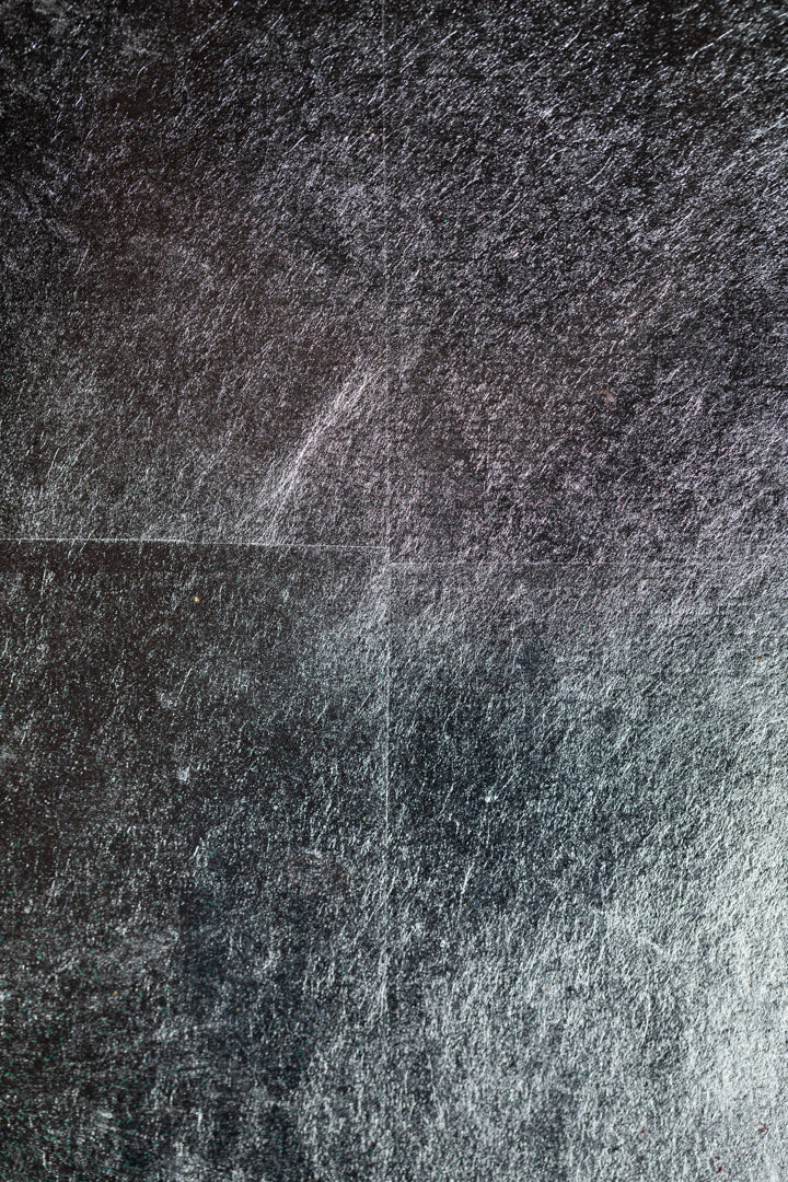 alt="Close-up detail of The Reclining Dragon Pine painting showing cracked ink texture and scattered malachite pigment by Takehiko Sugawara in Nihonga style"
