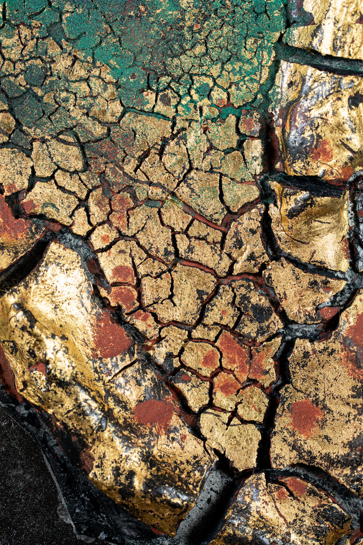 alt="Close-up detail of The Reclining Dragon Pine painting showing cracked ink texture and scattered malachite pigment by Takehiko Sugawara in Nihonga style"
