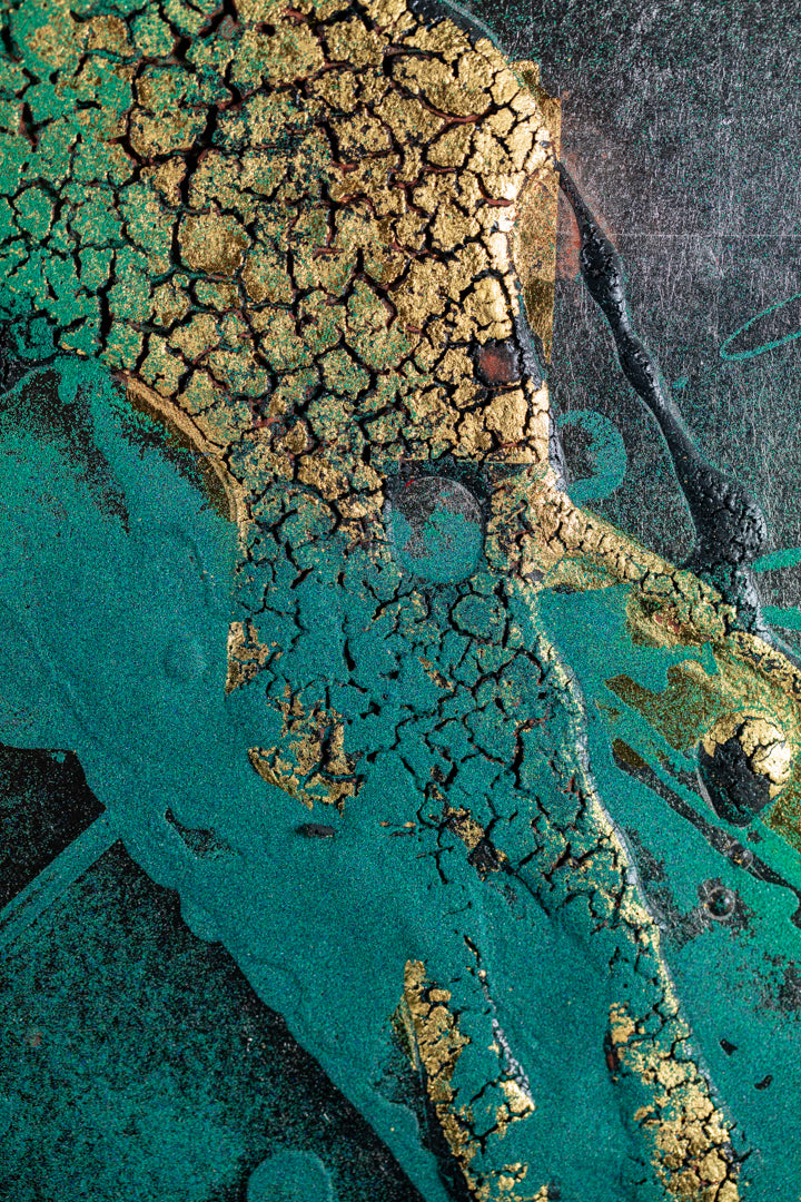alt="Close-up detail of The Reclining Dragon Pine painting showing cracked ink texture and scattered malachite pigment by Takehiko Sugawara in Nihonga style"

