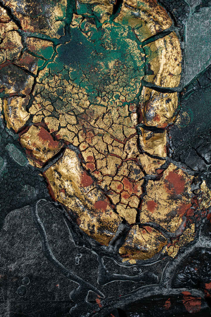 alt="Close-up detail of The Reclining Dragon Pine painting showing cracked ink texture and scattered malachite pigment by Takehiko Sugawara in Nihonga style"
