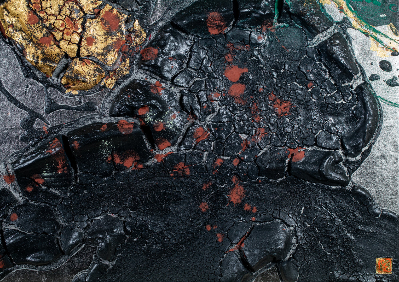 alt="Close-up detail of The Reclining Dragon Pine painting showing cracked ink texture and scattered malachite pigment by Takehiko Sugawara in Nihonga style"
