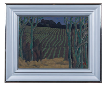 alt="Framed Akeru Oka (The Hill at Dawn) painting by Tatsuo Takayama in Nihonga style"
