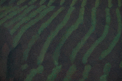 alt="Close-up detail of Akeru Oka (The Hill at Dawn) painting showing the fields, grove, and morning sky by Tatsuo Takayama in Nihonga style"
