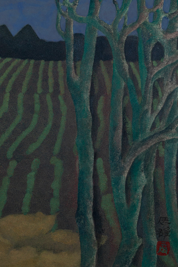 alt="Close-up detail of Akeru Oka (The Hill at Dawn) painting showing the fields, grove, and morning sky by Tatsuo Takayama in Nihonga style"
