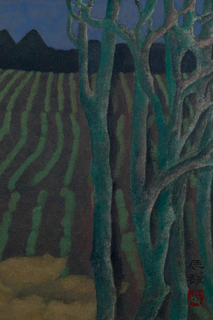 alt="Close-up detail of Akeru Oka (The Hill at Dawn) painting showing the fields, grove, and morning sky by Tatsuo Takayama in Nihonga style"
