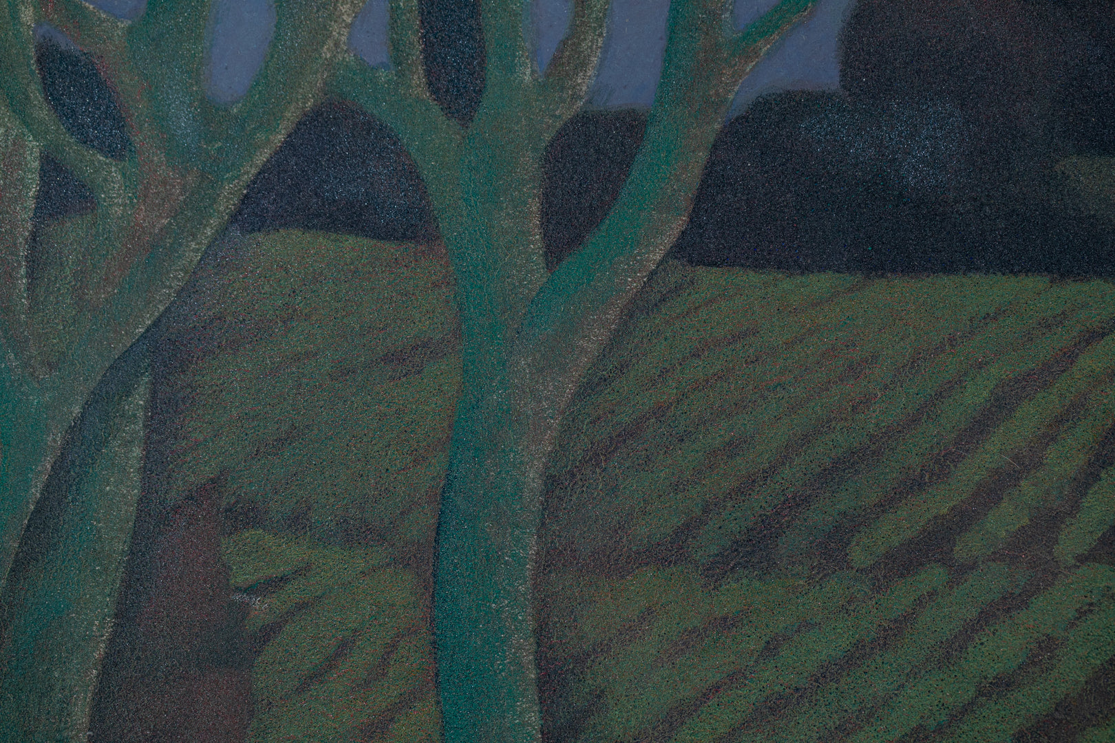 alt="Close-up detail of Akeru Oka (The Hill at Dawn) painting showing the fields, grove, and morning sky by Tatsuo Takayama in Nihonga style"

