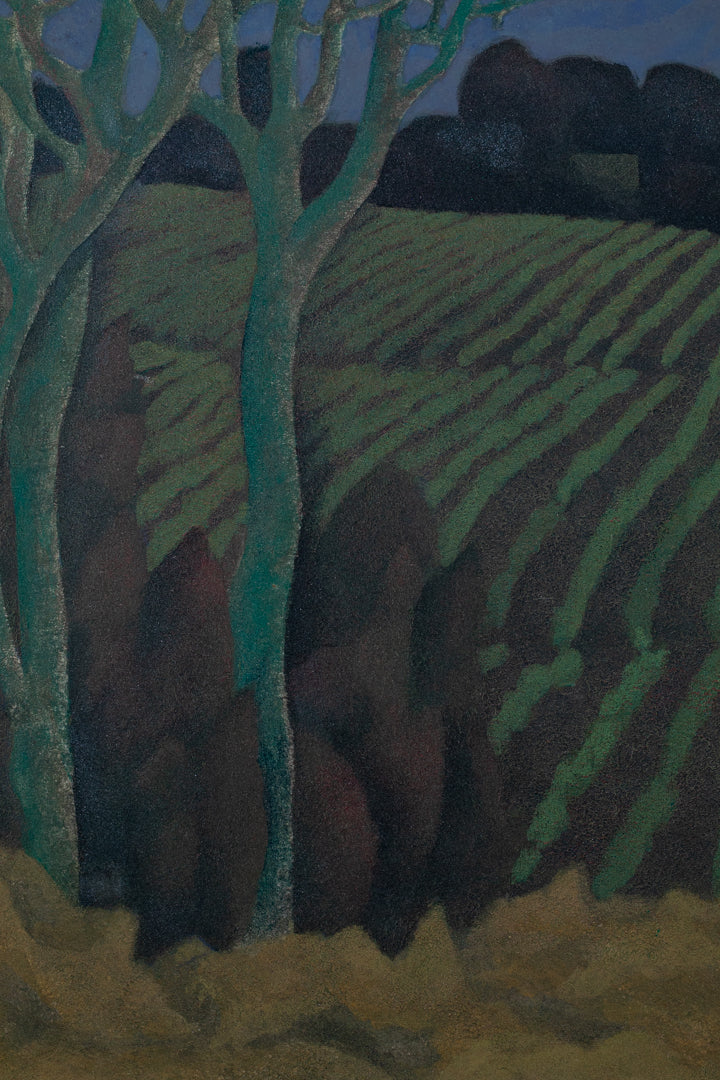 alt="Close-up detail of Akeru Oka (The Hill at Dawn) painting showing the fields, grove, and morning sky by Tatsuo Takayama in Nihonga style"
