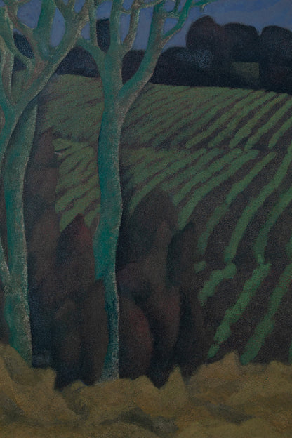 alt="Close-up detail of Akeru Oka (The Hill at Dawn) painting showing the fields, grove, and morning sky by Tatsuo Takayama in Nihonga style"
