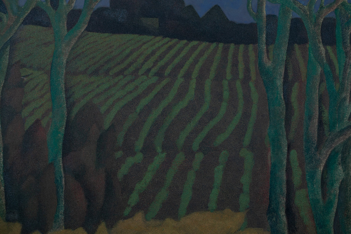 alt="Close-up detail of Akeru Oka (The Hill at Dawn) painting showing the fields, grove, and morning sky by Tatsuo Takayama in Nihonga style"
