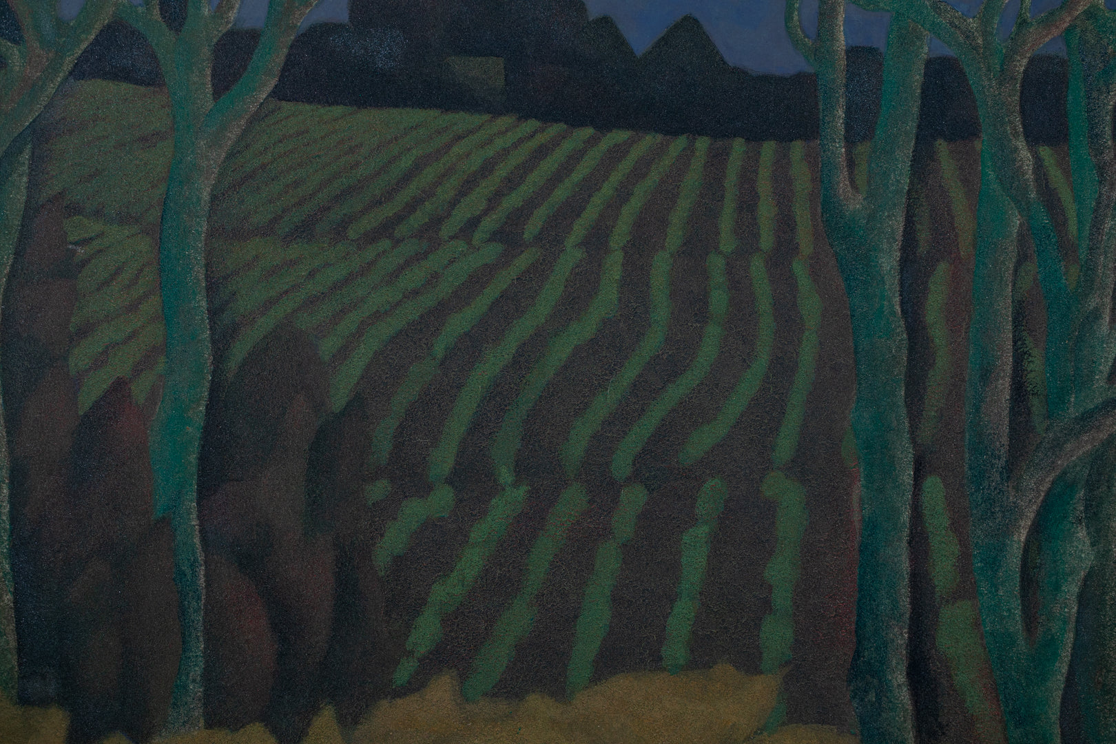 alt="Close-up detail of Akeru Oka (The Hill at Dawn) painting showing the fields, grove, and morning sky by Tatsuo Takayama in Nihonga style"
