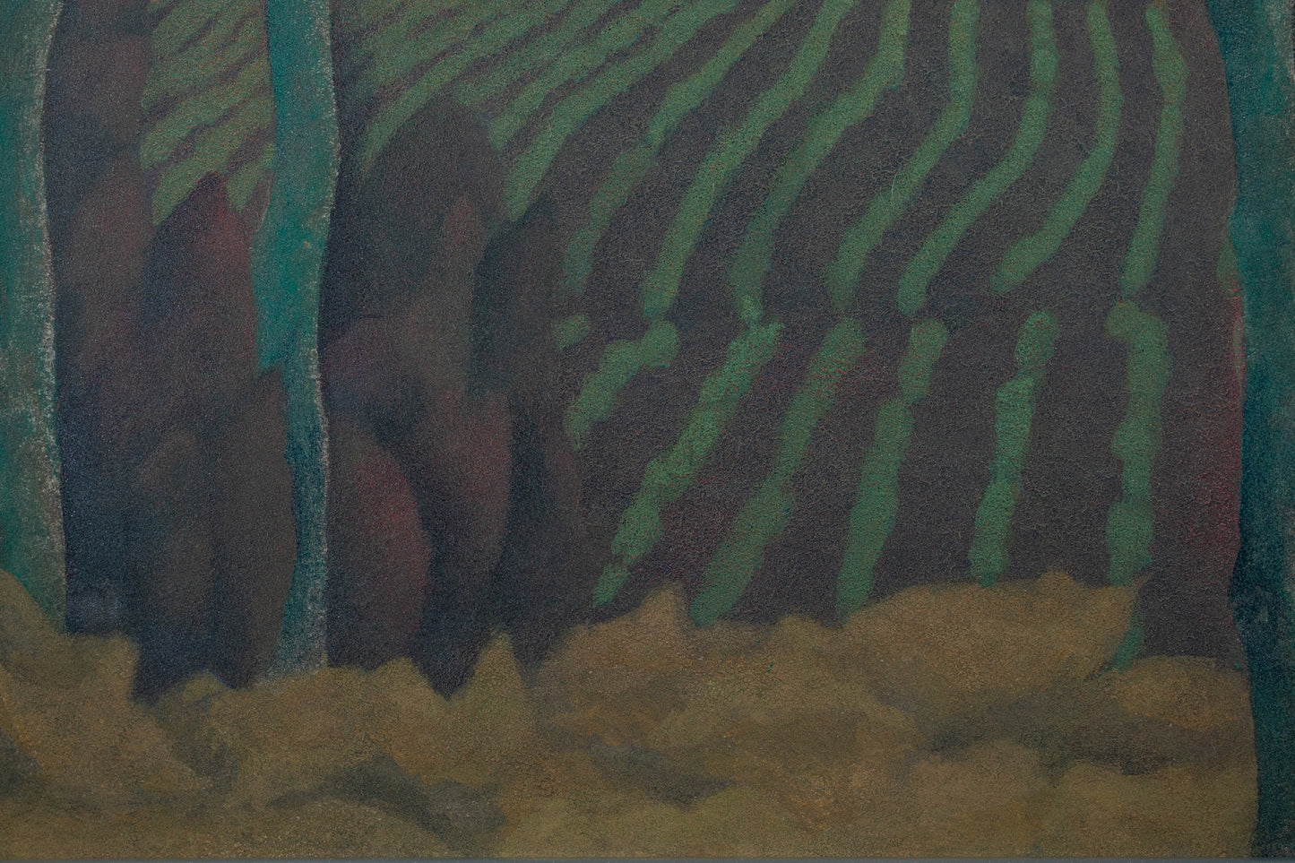 alt="Close-up detail of Akeru Oka (The Hill at Dawn) painting showing the fields, grove, and morning sky by Tatsuo Takayama in Nihonga style"
