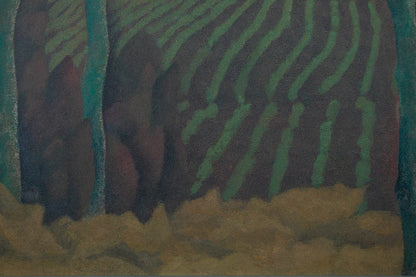 alt="Close-up detail of Akeru Oka (The Hill at Dawn) painting showing the fields, grove, and morning sky by Tatsuo Takayama in Nihonga style"
