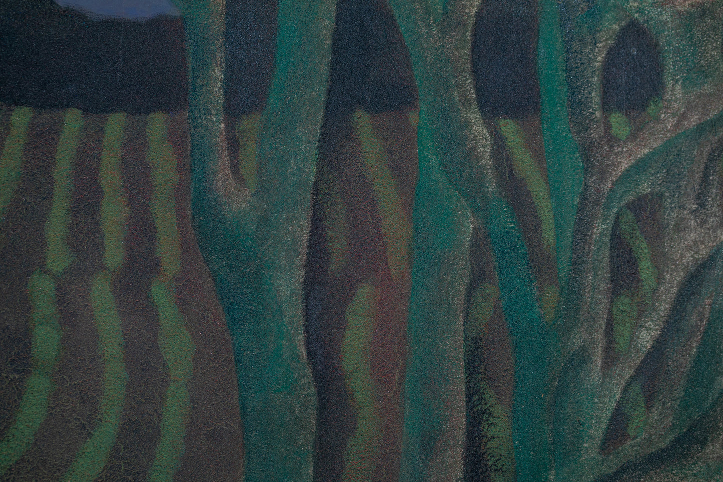 alt="Close-up detail of Akeru Oka (The Hill at Dawn) painting showing the fields, grove, and morning sky by Tatsuo Takayama in Nihonga style"
