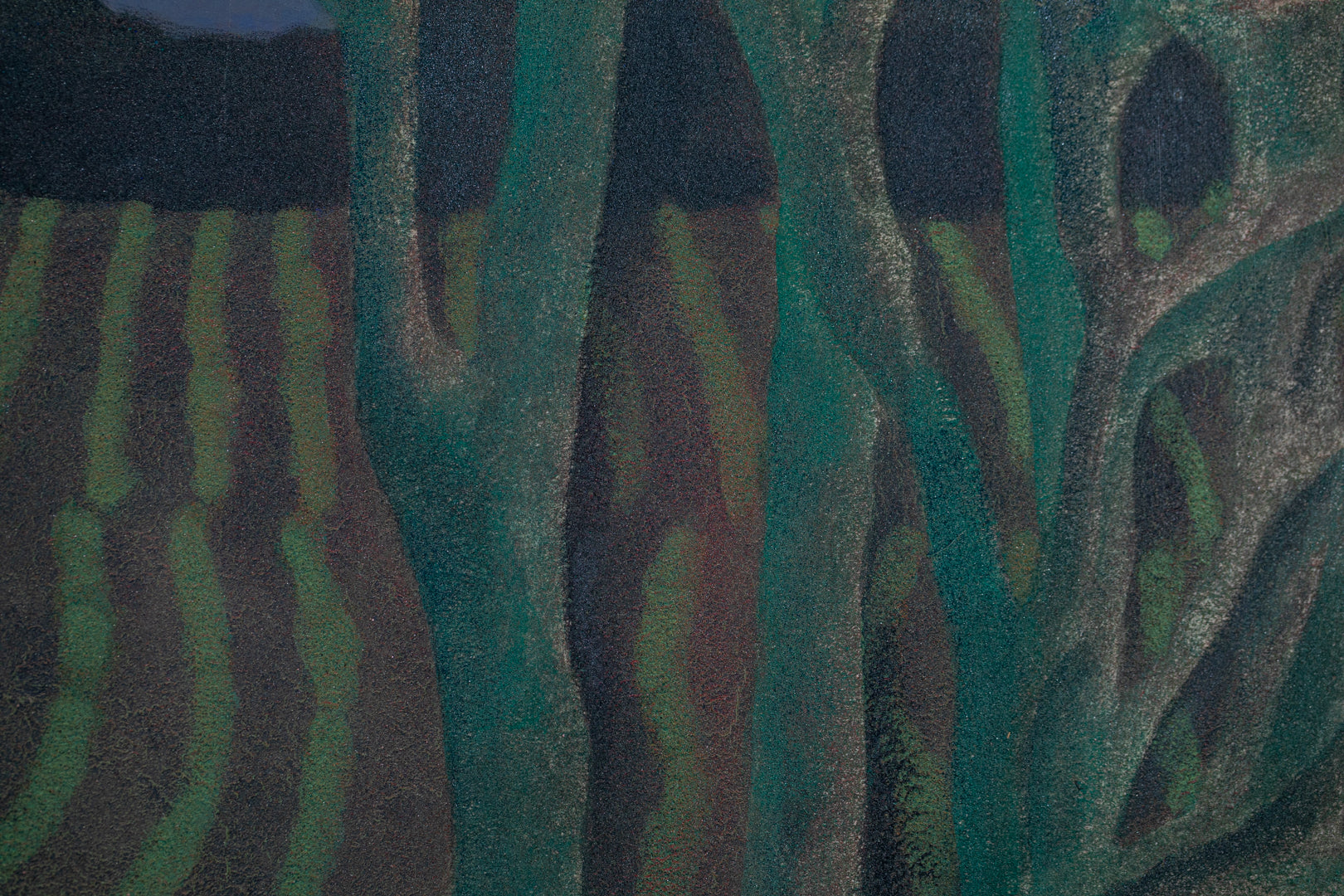 alt="Close-up detail of Akeru Oka (The Hill at Dawn) painting showing the fields, grove, and morning sky by Tatsuo Takayama in Nihonga style"
